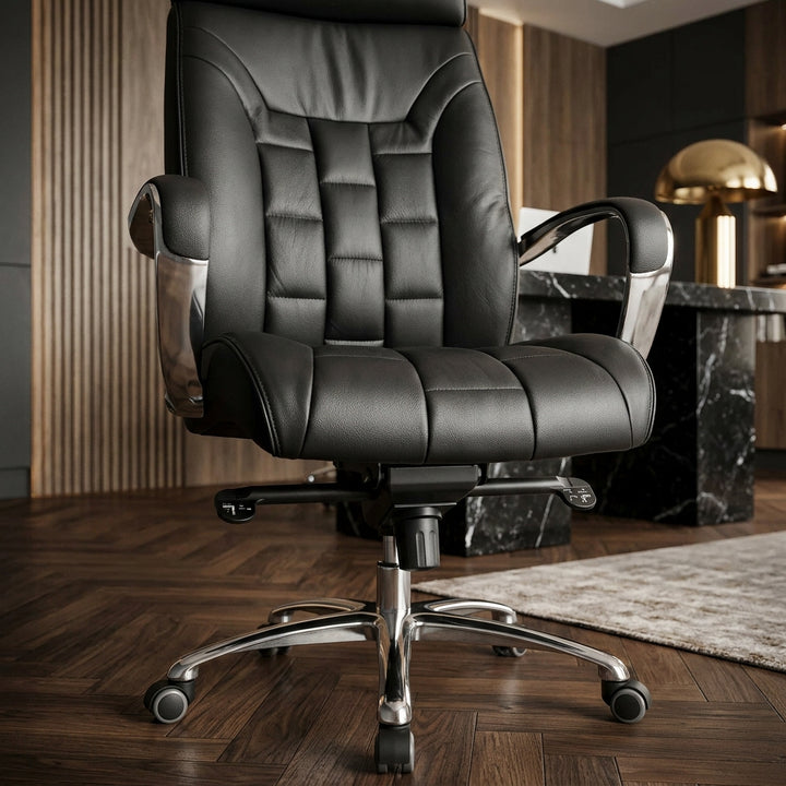 Luxus XXL Chefsessel_ Echtleder_ breite/höhe Rückenlehne_ Lendenwirbelstütze_ Multiblock-Mechanik_ 120 kg Tragkraft - KADIMA DESIGN_Größe_ 66x62x128 cm_