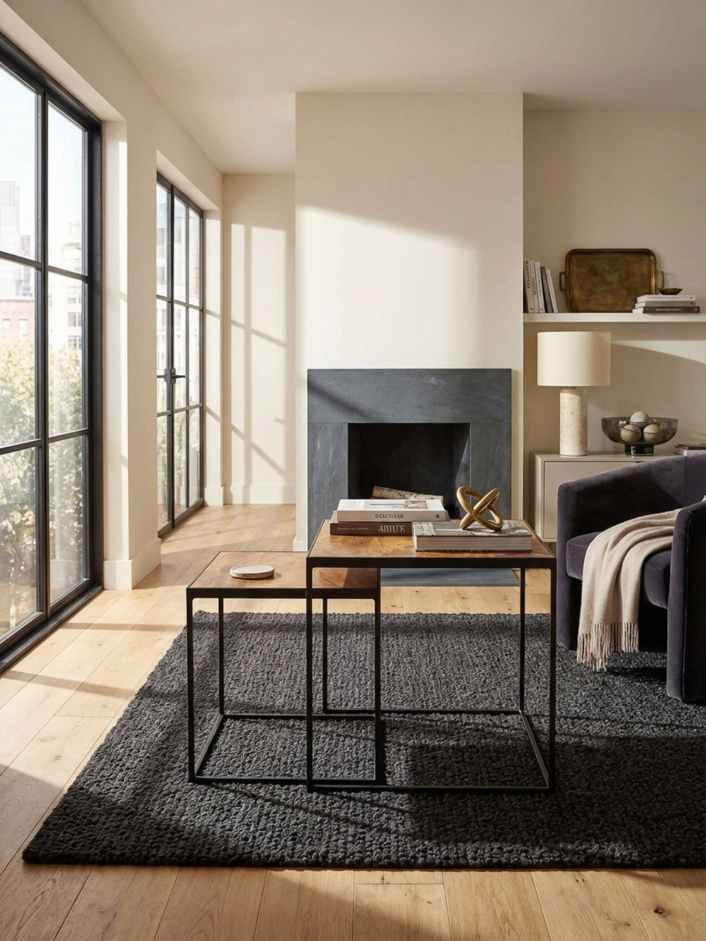 Wohnzimmertisch 2er-Set aus der Vogelperspektive, das die Anordnung und die natürliche Maserung des Mango-Massivholzes auf einem Teppich vor einem Sofa zeigt._