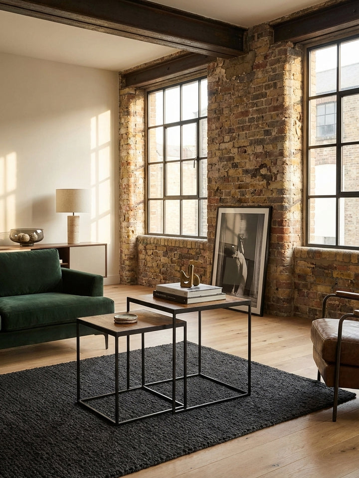 Eleganter Satztisch im Industrial-Stil mit Mango-Massivholzplatte und schwarzem Metallgestell, perfekt als Beistelltisch neben einem modernen Sofa in einem hellen Wohnzimmer._