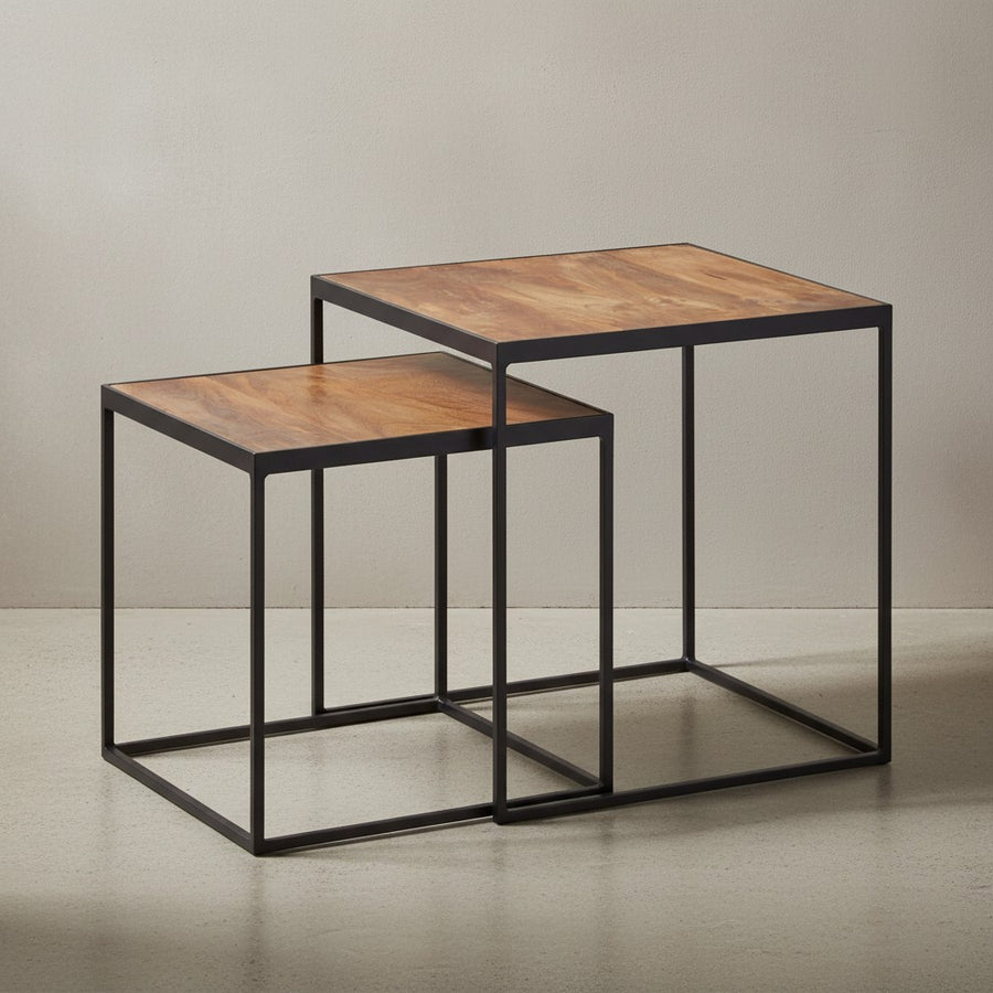 Mango Industrial_ Beistelltische 2er Set_ Massivholz_ Metall_ Unikate - KADIMA DESIGN_Größe_ 40x40x44 cm_