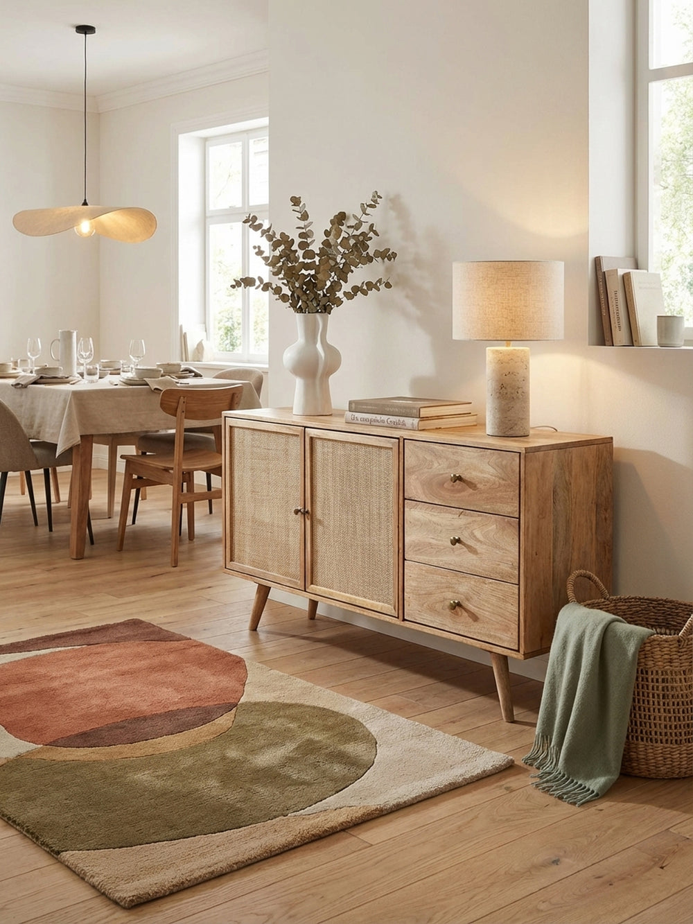 Sideboard aus massivem Mangoholz mit Rattan-Geflecht im wohnlichen Ambiente. Die 140 cm breite Kommode steht auf einem beigen Teppich und ist mit Pflanzen dekoriert._