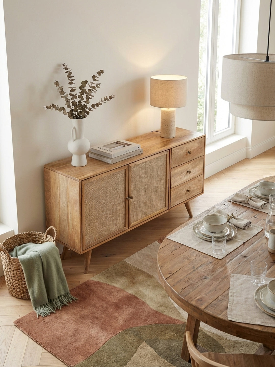Design-Sideboard aus der Vogelperspektive im Wohnzimmer. Die Anrichte aus Mango und Rattan bietet Stauraum und eine große Ablagefläche für Dekorationsobjekte._