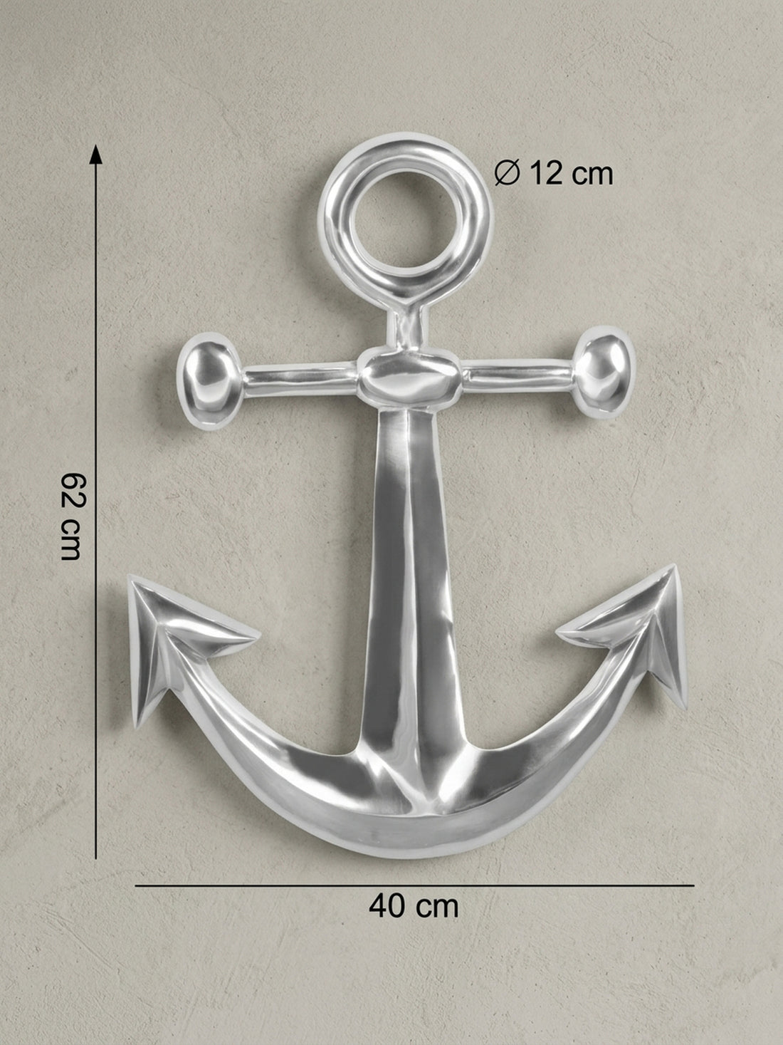 Maßzeichnung Wanddeko Anker Aluminium silberfarben poliert 62,5 cm handgefertigt