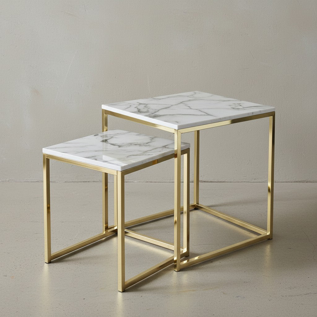 Beistelltisch Set in Marmor-Optik und goldener Farbe_ Moderne und stilvolle Wohnzimmermöbel_ 2 Größen_ Robustes Metallgestell - KADIMA DESIGN_Farbe_ Weiß_ Größe_ 45x45x50 cm_