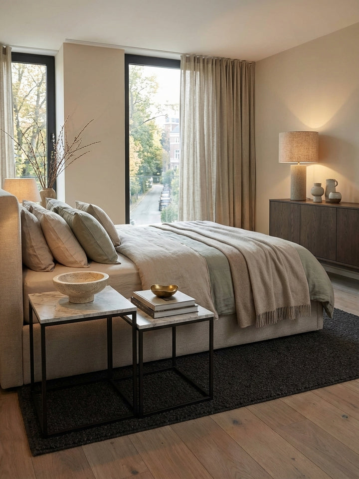 Moderner Satztisch im 2er-Set im Wohnzimmer, mit weißer Marmor-Optik Tischplatte und schwarzem Metallgestell, elegant neben einem beigen Sofa arrangiert._