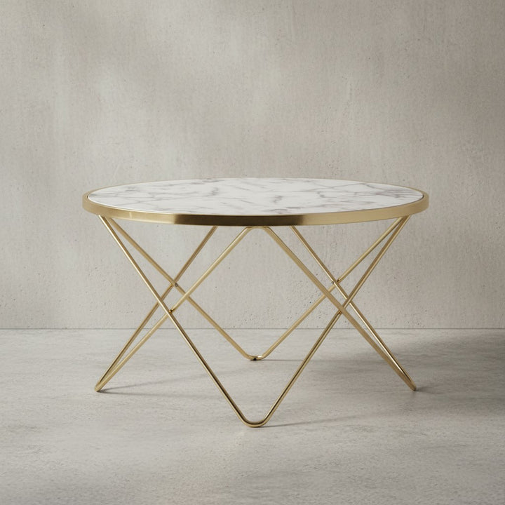 Marmor-Optik Couchtisch_ filigranes Metallgestell in Gold_ großer Wohnzimmertisch_ pflegeleicht - KADIMA DESIGN_Größe_ 85x85x49 cm_