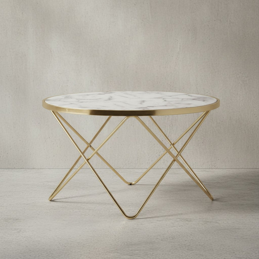 Marmor-Optik Couchtisch_ filigranes Metallgestell in Gold_ großer Wohnzimmertisch_ pflegeleicht - KADIMA DESIGN_Größe_ 85x85x49 cm_