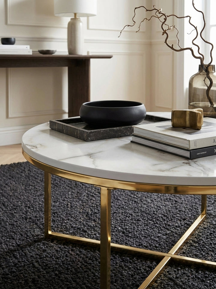 Nahaufnahme der Tischplatte in Marmor-Optik, die die feine graue Maserung auf der weißen, PVC-beschichteten Oberfläche des Sofatischs detailreich abbildet._