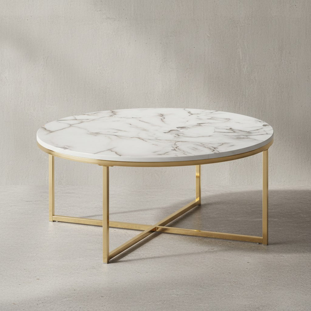 Stylischer Runder Sofatisch_ Marmor-Optik_ Goldfarbenes Gestell_ 80 cm - KADIMA DESIGN_Farbe_ Weiß_ Größe_ 80x80x35 cm_