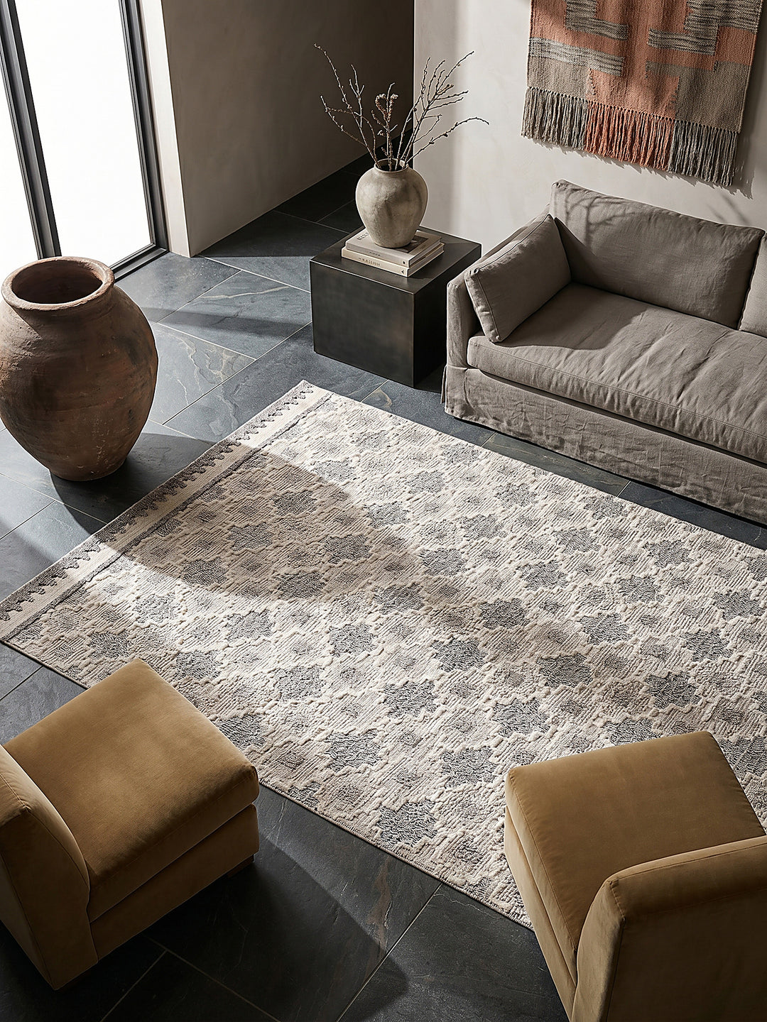 Teppich Grau-Beige rechteckig Musteransicht von oben Designkollektion_