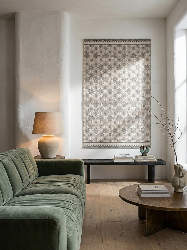 Teppich Grau-Beige rechteckig als Wandteppich Wanddekoration Textilkunst Interior Design_