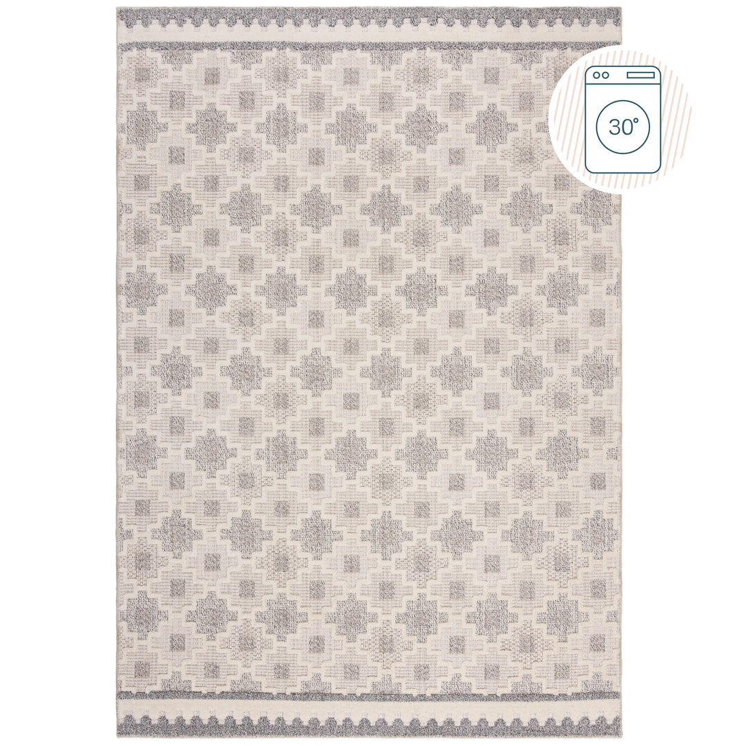 Maschinenwaschbarer Kurzflor Teppich Grau-Beige Geometrisch Mosaik_Rechteckig_