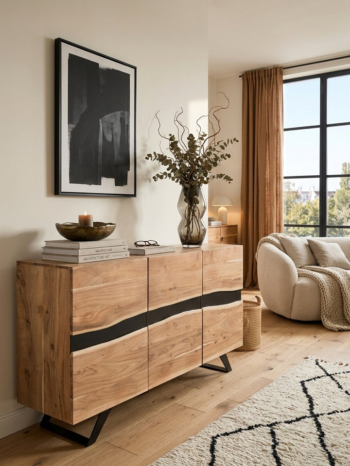 Draufsicht auf das Akazienholz Anrichte-Sideboard im Essbereich. Die geschwungene Baumkante und der schwarze Mittelstreifen gliedern den Raum und betonen die organische Form._