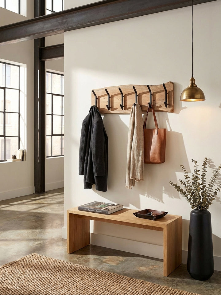 Draufsicht auf eine organisierte Flurgestaltung mit der 100cm breiten Holzgarderobe und einem runden Jute-Teppich auf hellem Parkett._