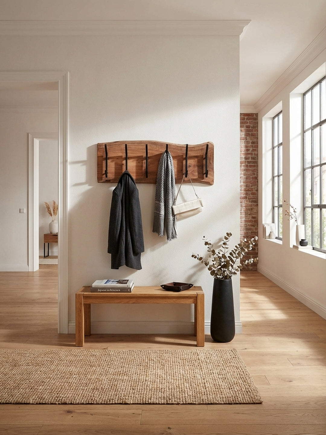 Design Wandgarderobe aus Akazie Massivholz mit schwarzen Haken, montiert in einem hellen, modernen Eingangsbereich mit einer Eichenbank._