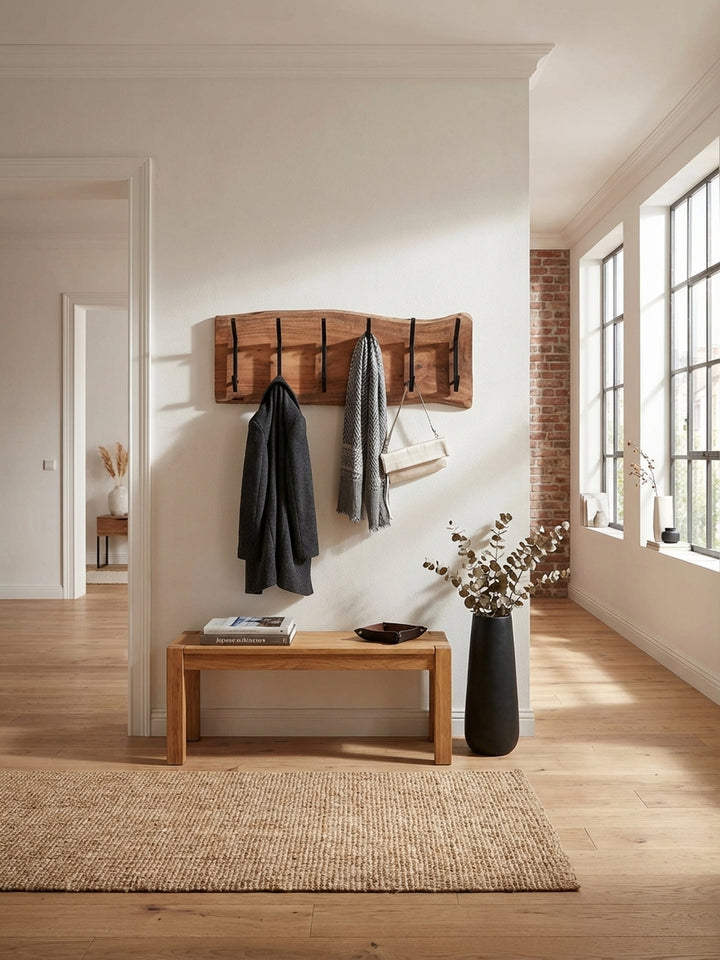 Design Wandgarderobe aus Akazie Massivholz mit schwarzen Haken, montiert in einem hellen, modernen Eingangsbereich mit einer Eichenbank._