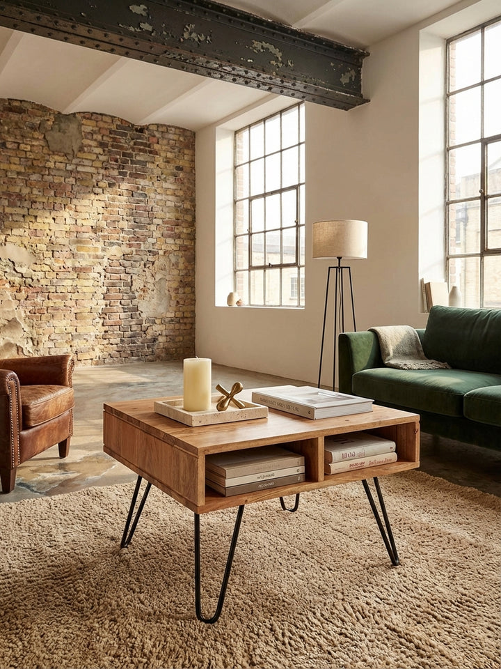 Couchtisch aus massivem Akazienholz 60x60 cm mit schwarzen Metallbeinen, stimmungsvoll in einem modernen Wohnzimmer vor einem grauen Sofa platziert._