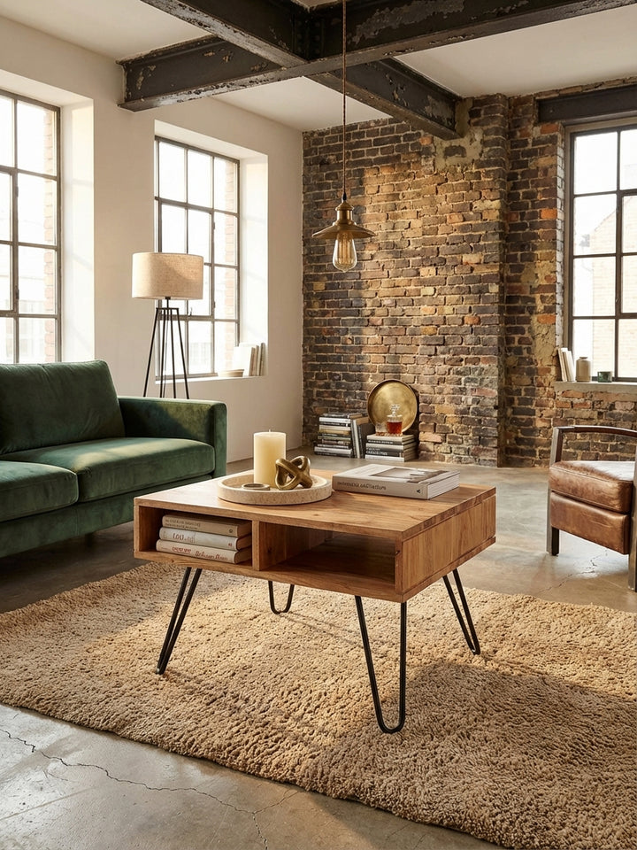 Quadratischer Wohnzimmertisch aus Akazie von oben betrachtet, zeigt die Tischplatte und die praktischen Ablagefächer im stilvollen Interieur._