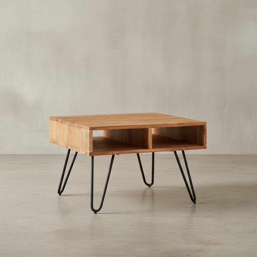 Massiver Akazienholz Couchtisch_ Modernes Design_ Metallgestell_ Stauraum - KADIMA DESIGN_Größe_ 60x60x40 cm_