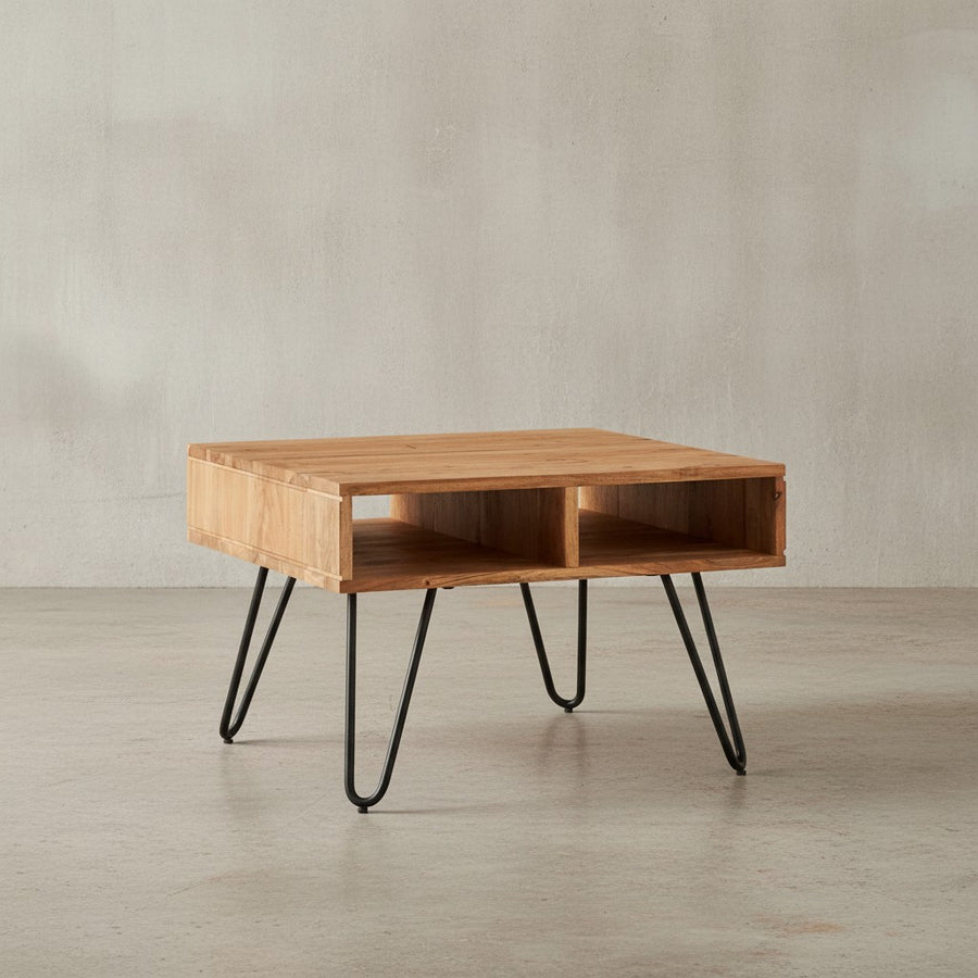 Massiver Akazienholz Couchtisch_ Modernes Design_ Metallgestell_ Stauraum - KADIMA DESIGN_Größe_ 60x60x40 cm_