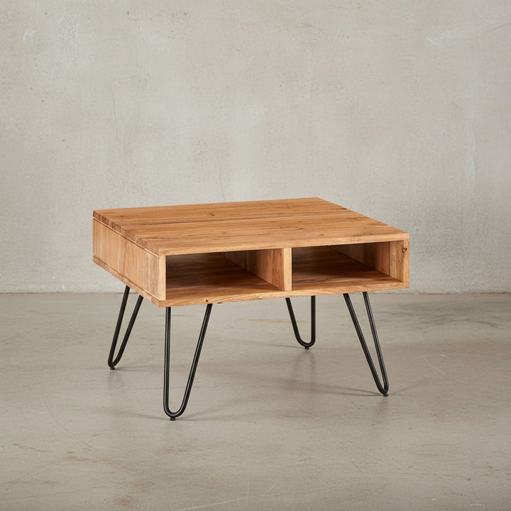Massiver Akazienholz Couchtisch_ Modernes Design_ Metallgestell_ Stauraum - KADIMA DESIGN_Größe_ 60x60x40 cm_
