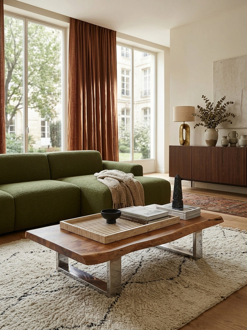 Niedriger Couchtisch aus massiver Akazie mit Baumkante im luxuriösen Wohnzimmer. Warmer Holzton trifft auf verchromtes Gestell, umgeben von hochwertigen Polstermöbeln._