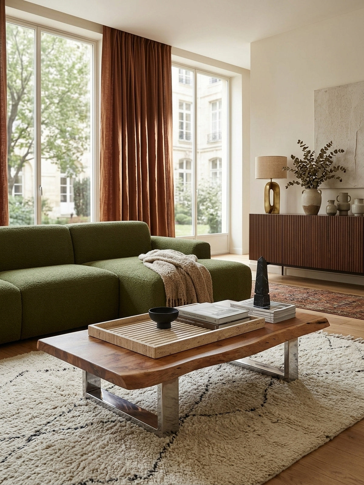 Niedriger Couchtisch aus massiver Akazie mit Baumkante im luxuriösen Wohnzimmer. Warmer Holzton trifft auf verchromtes Gestell, umgeben von hochwertigen Polstermöbeln._