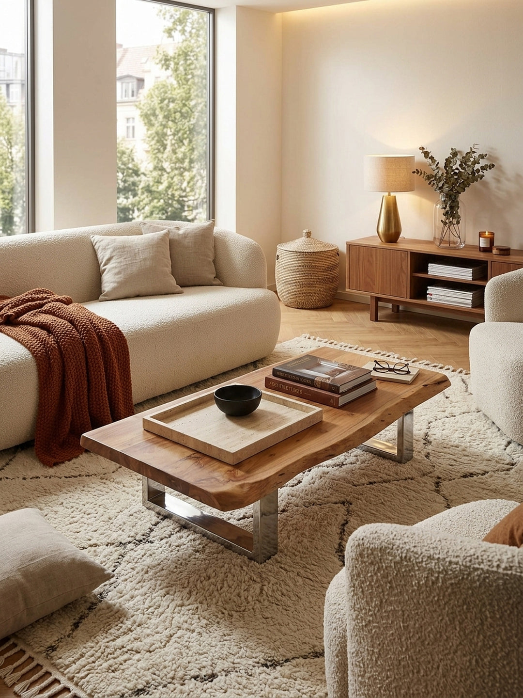 Draufsicht auf den 115x58 cm großen Akazienholz Couchtisch im modernen Wohnbereich. Die natürliche Maserung der Massivholzplatte harmoniert perfekt mit dem hellen Designer-Teppich._