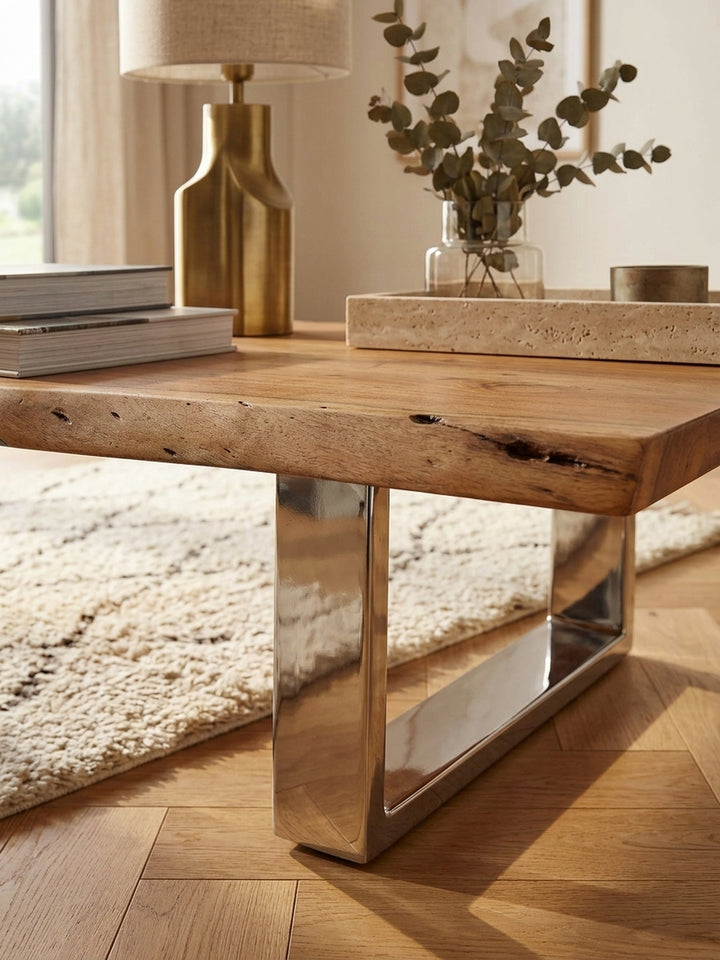 Nahaufnahme der Tischplatte aus indischem Akazienholz. Die organische Baumkante und die markante Maserung des Holzes zeigen die hochwertige Verarbeitung des Sofatisches._