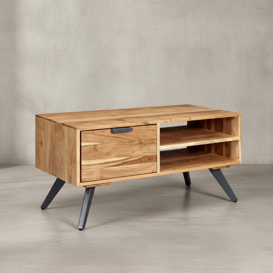 Massiver Couchtisch aus Holz und Metall_ Trendiges Design_ Viel Stauraum_ Stabile Standbeine - KADIMA DESIGN_Größe_ 95x45x45 cm_