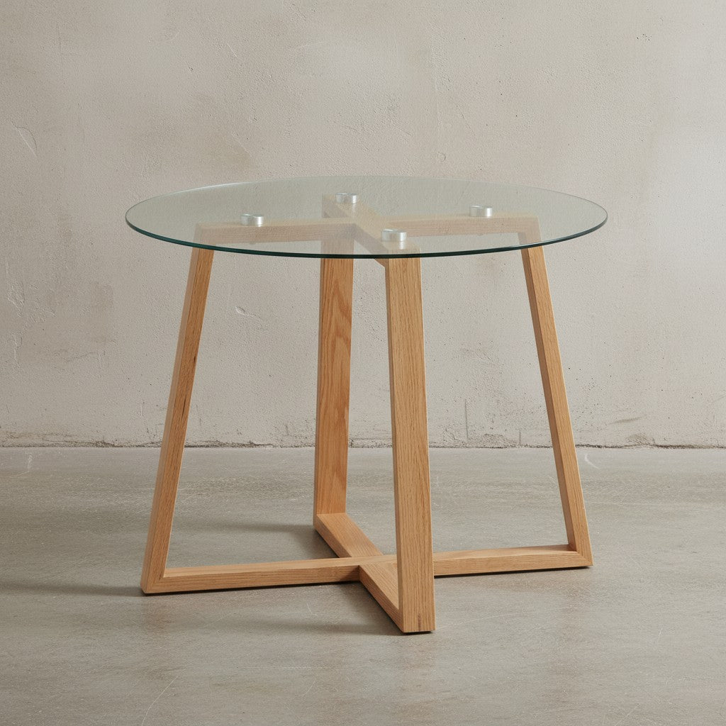 Massiver Eiche-Glas Couchtisch_ Modernes Design_ Überkreuztes Gestell - KADIMA DESIGN_Größe_ 58x58x47 cm_