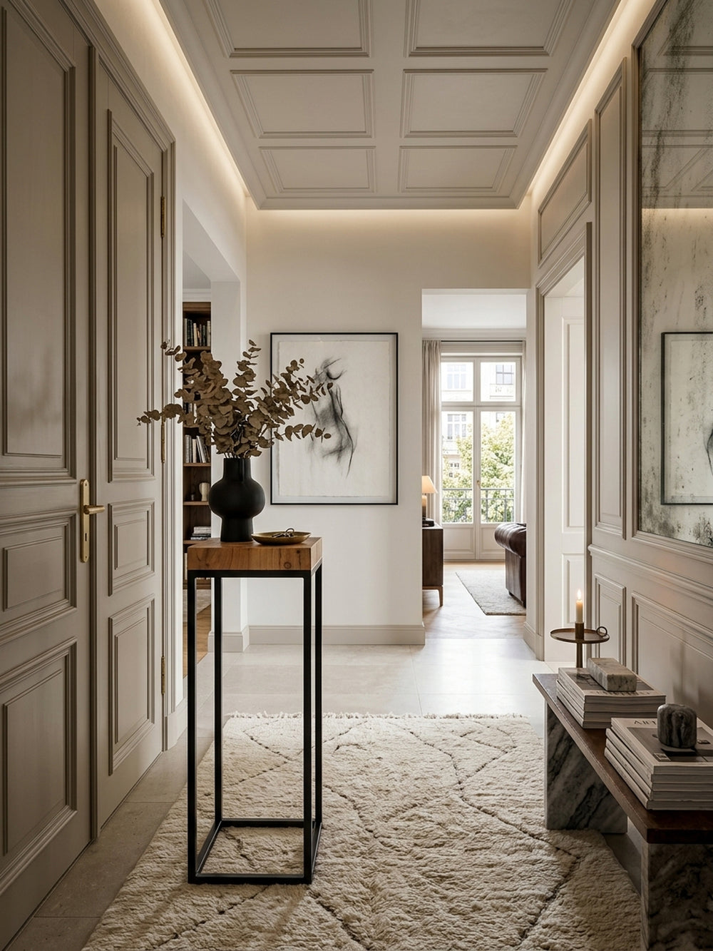 Hoher Beistelltisch aus massiver Akazie und schwarzem Metallgestell in einem eleganten Entree. Der 97cm hohe Dekotisch präsentiert getrocknete Zweige in einer skulpturalen Vase._