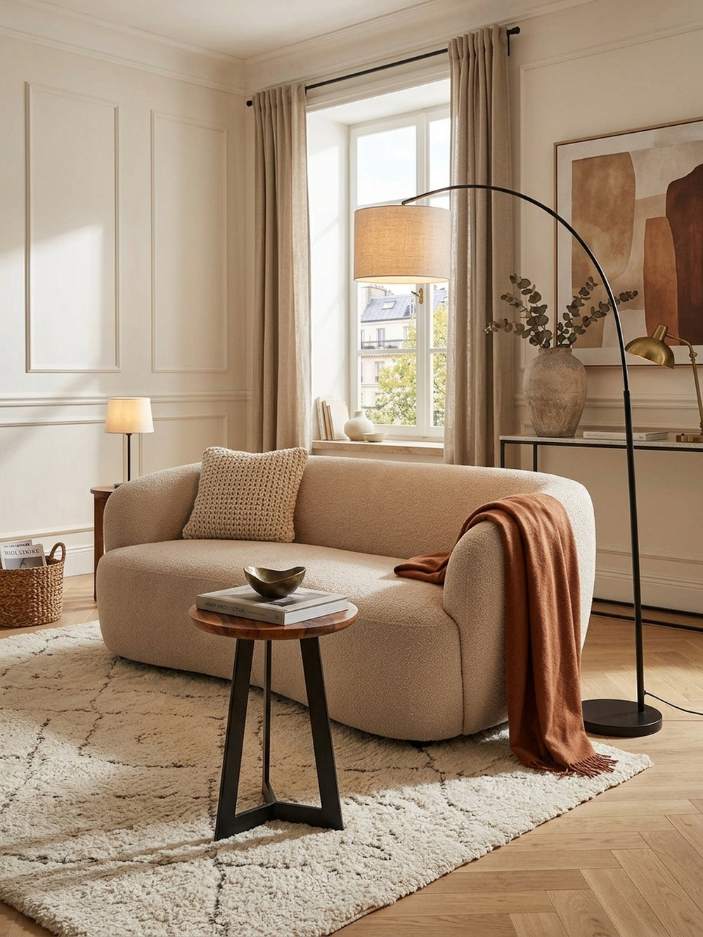 Eleganter Beistelltisch aus massivem Sheeshamholz mit schwarzem Metallgestell in einem stilvollen Wohnzimmer. Warme Holztöne treffen auf modernes Design neben einem hellen Sofa._