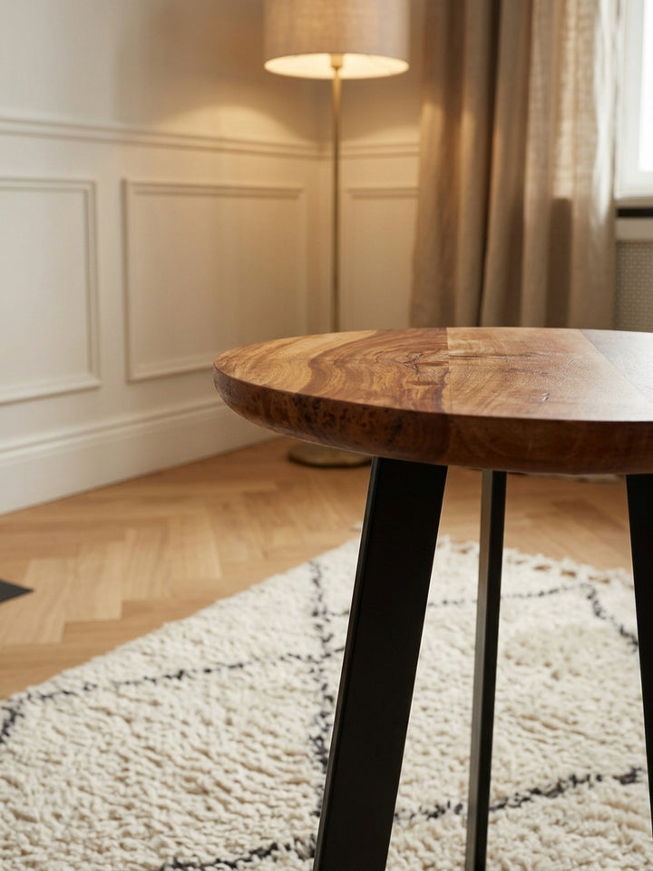 Nahaufnahme der Tischplatte aus echtem indischem Rosenholz. Die lebhafte rotbraune Holzmaserung des 45 cm hohen Beistelltisches harmoniert perfekt mit dem mattschwarzen Eisen._