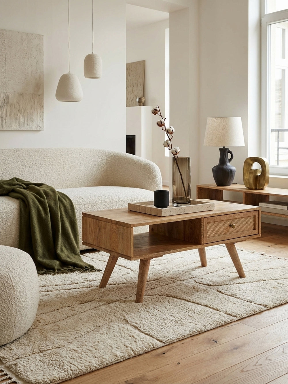 Eleganter Couchtisch aus massivem Mangoholz mit Rattangeflecht in einem hellen, modernen Wohnzimmer, perfekt für ein stilvolles und natürliches Ambiente._