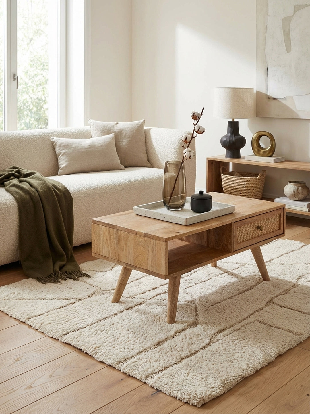 Couchtisch aus Mango Massivholz aus der Vogelperspektive, zeigt die rechteckige Form 90x45 cm und die praktische Aufteilung mit Schublade und offenem Fach._