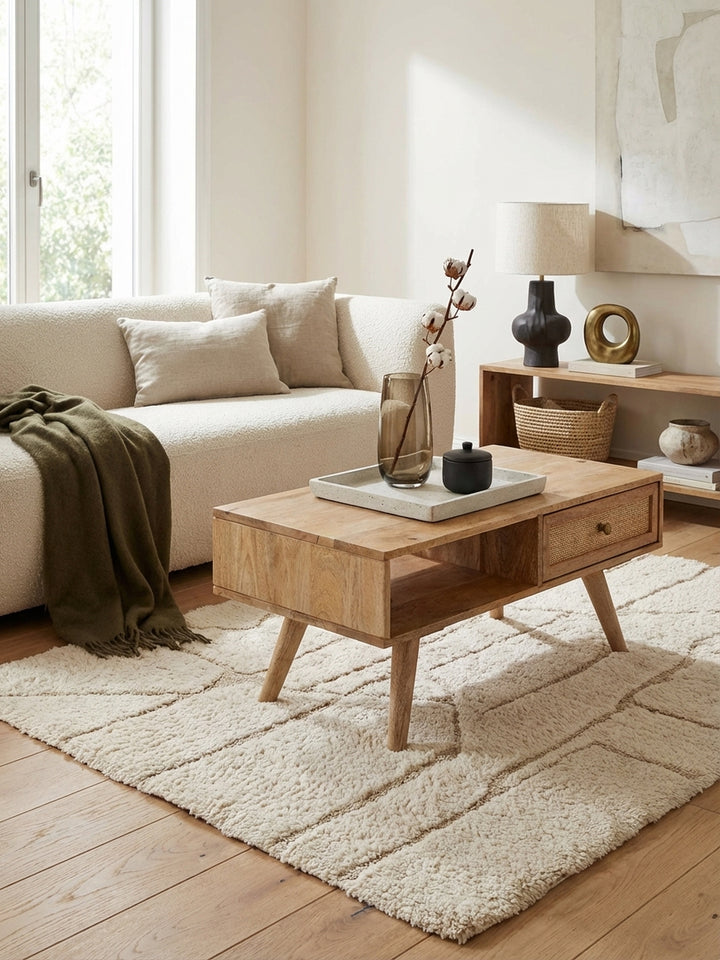 Couchtisch aus Mango Massivholz aus der Vogelperspektive, zeigt die rechteckige Form 90x45 cm und die praktische Aufteilung mit Schublade und offenem Fach._