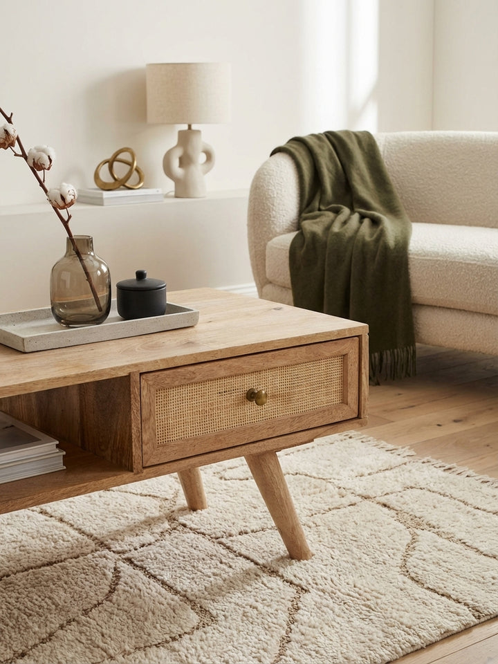 Detailaufnahme des handgefertigten Rohrgeflechts an der Schublade des Massivholz-Couchtischs, die natürliche Textur des Rattan-Materials betonend._