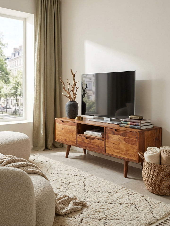 Draufsicht auf das rustikal-moderne TV-Möbel aus Massivholz im Wohnbereich. Der 135cm breite Fernsehtisch bietet perfekte Proportionen für Flatscreens und stilvolle Raumaufteilungen._