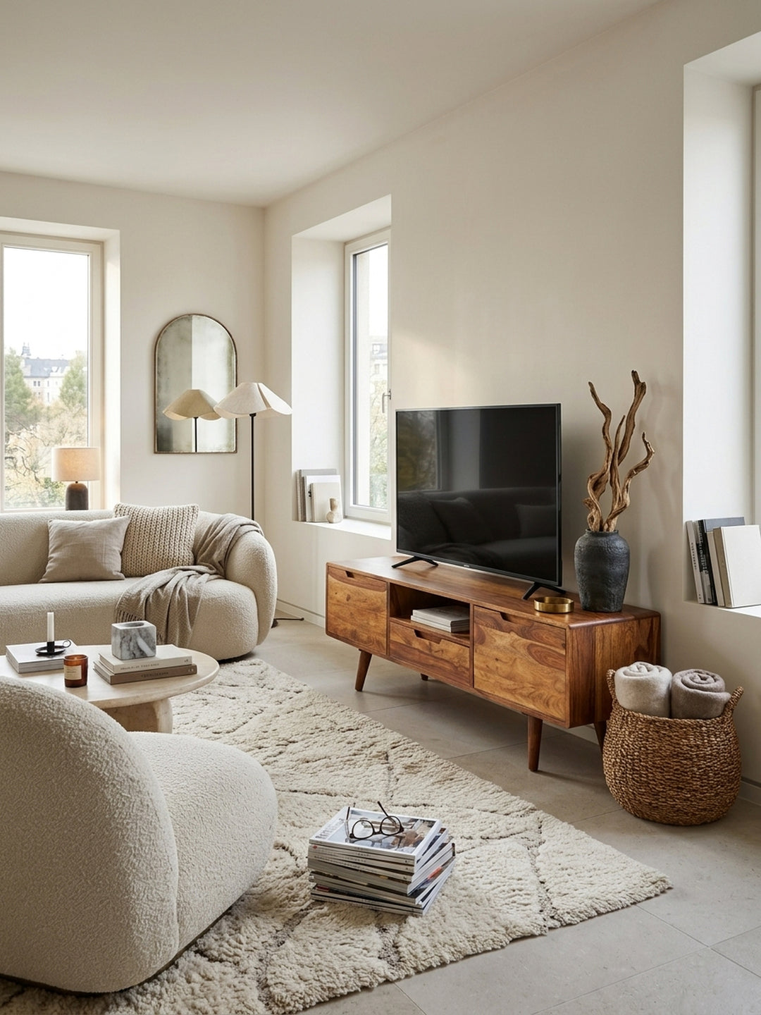 Exklusives TV-Lowboard aus Sheesham Massivholz im eleganten Wohnzimmer. Die 135x51x45cm große Fernsehkommode besticht durch markante Holzmaserung auf einem cremefarbenen Wollteppich._