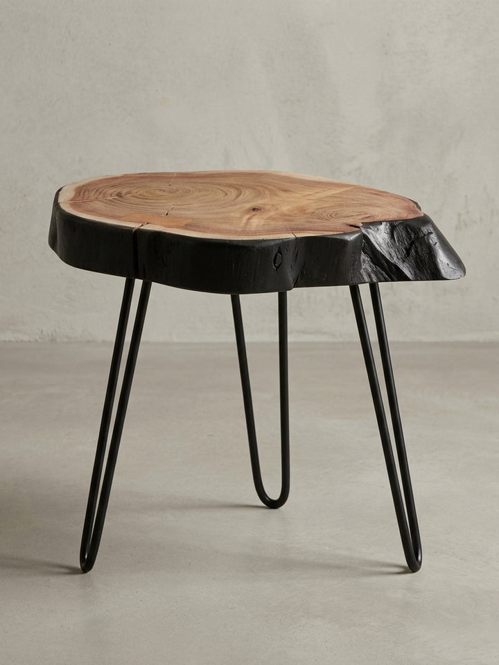Freigestellter Beistelltisch aus massiver Akazie mit schwarzer Baumkante und schlanken Haarnadelbeinen aus Metall, Frontansicht auf weißem Hintergrund._