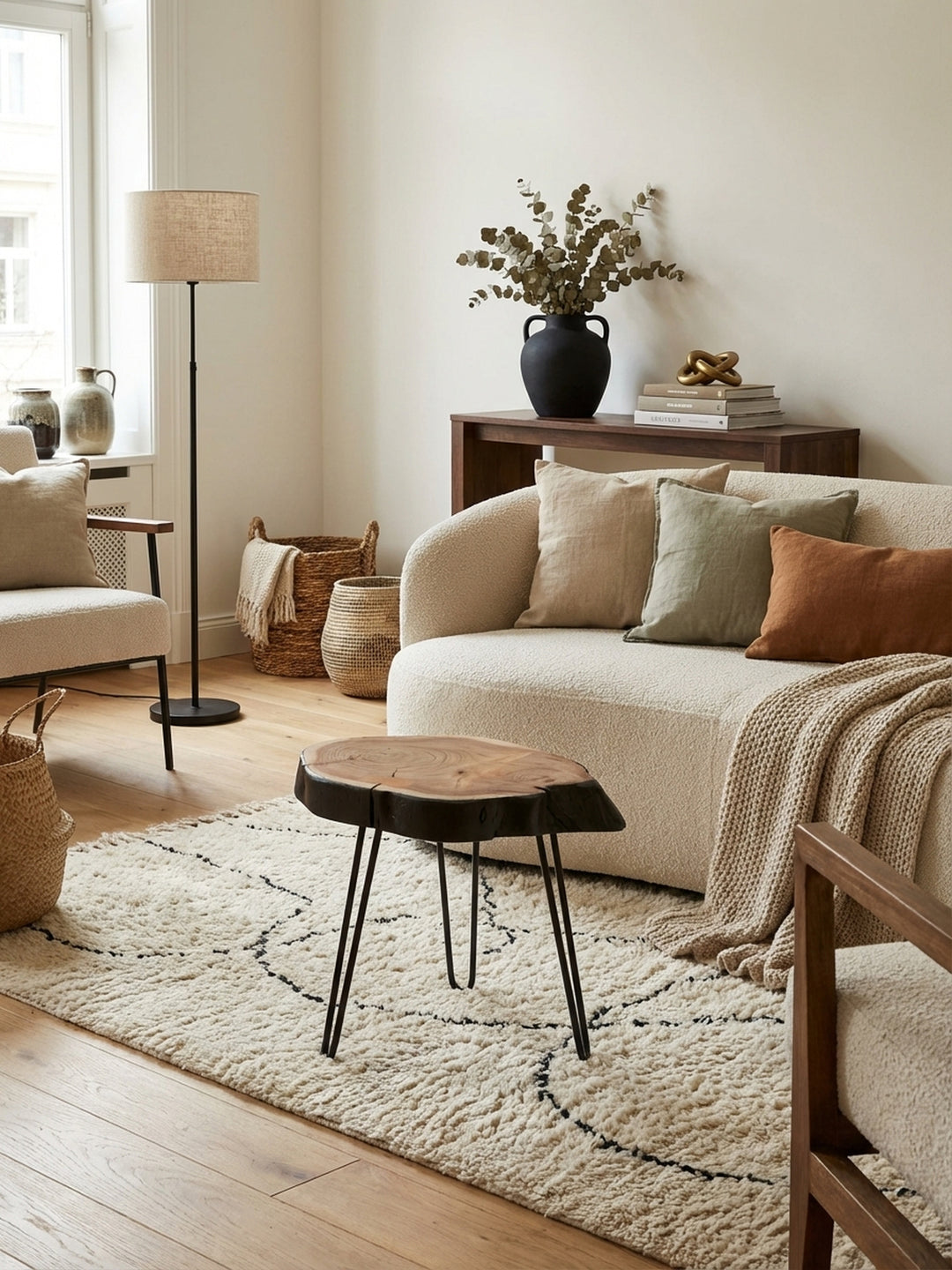 Draufsicht auf den massiven Beistelltisch aus Akazienholz (40x32 cm) in einem Wohnzimmer, der organische Akzente neben einem modernen Sofa und Dekoration setzt._