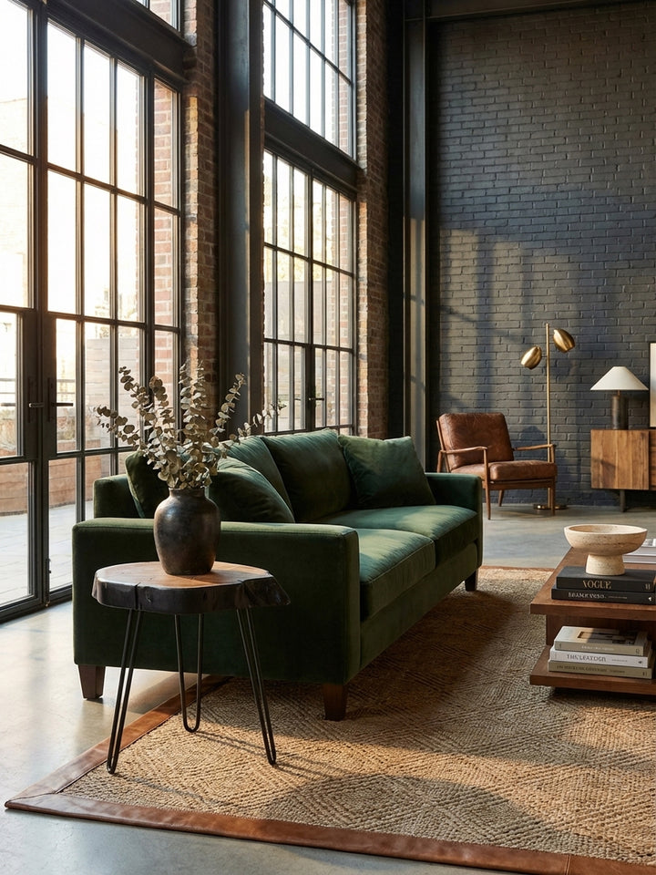 Eleganter Akazie Beistelltisch mit Baumkante als Sofatisch in einem hellen, modernen Wohnzimmer, stilvoll neben einem grauen Sofa auf einem beigen Teppich platziert._