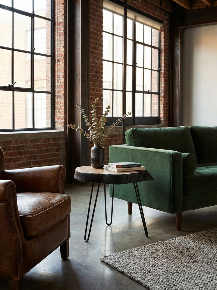 Nahaufnahme der einzigartigen Maserung und der schwarzen Baumkante des Massivholz Beistelltisches aus Akazie, versiegelt mit Klarlack für eine natürliche Haptik._