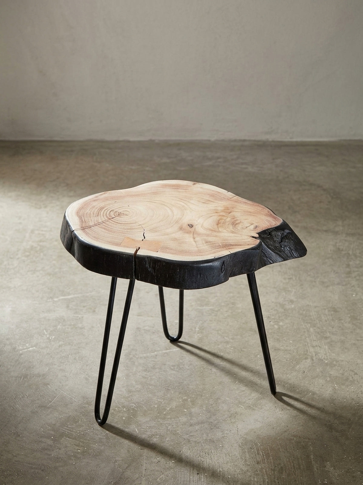 Alternativperspektive des Sofatisches aus Akazie Massivholz, die die unregelmäßige, natürliche Baumkante und die Textur des Holzes betont._