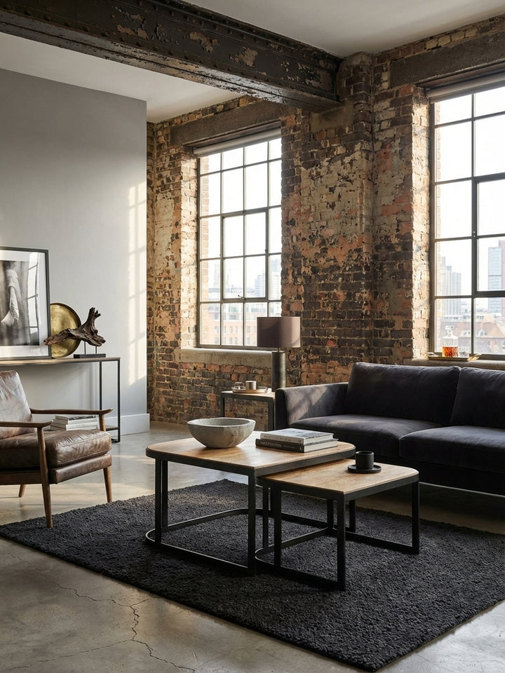 Elegantes Couchtisch Set aus Mango Massivholz im Industrie-Stil, stilvoll arrangiert auf einem dunklen Teppich vor einem grauen Sofa in einem hellen Wohnzimmer._
