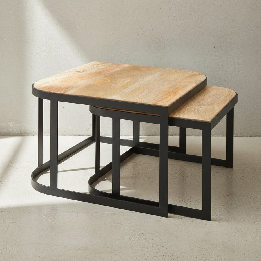 Massivholz Beistelltische TIMAVO_ Industrielles Set_ 60x40x60 cm &amp; 50x35x50 cm_ Mango-Massivholz_ Eisen_ abgerundete Ecken - KADIMA DESIGN_Farbe_ Braun_ Größe_ 60x60x40 cm_