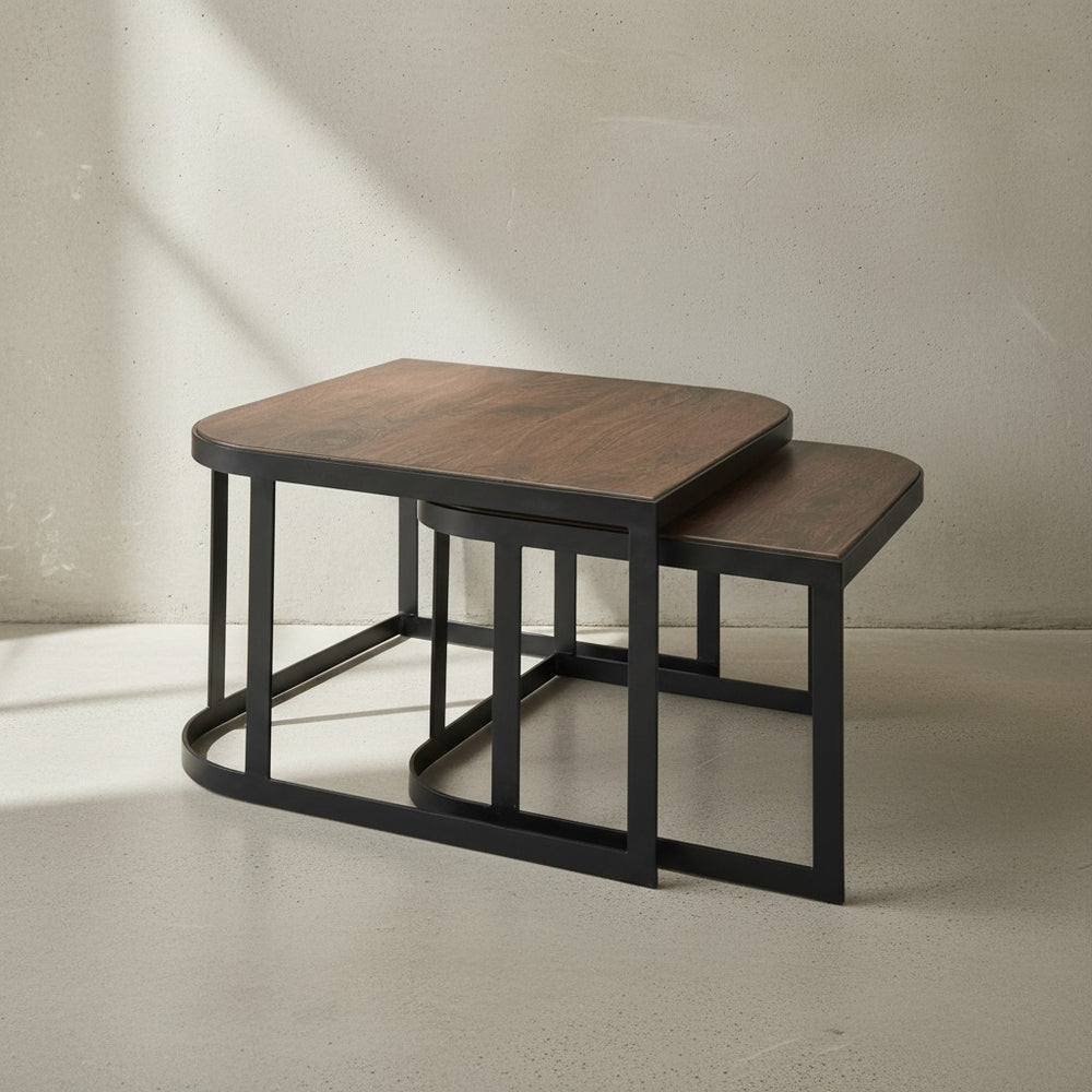 Massivholz Beistelltische TIMAVO_ Industrielles Set_ 60x40x60 cm &amp; 50x35x50 cm_ Mango-Massivholz_ Eisen_ abgerundete Ecken - KADIMA DESIGN_Farbe_ Schwarz_ Größe_ 60x60x40 cm_