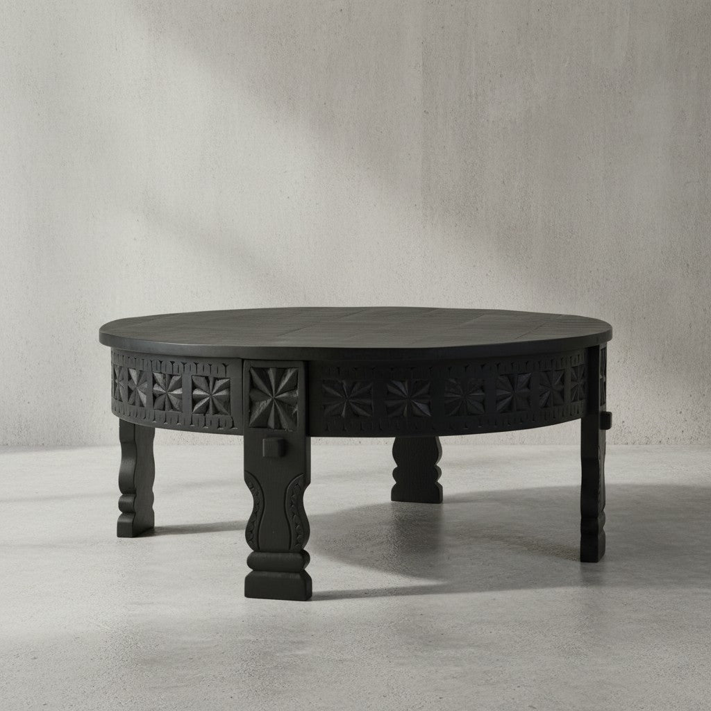 Massivholz Couchtisch_ Orientalisches Design_ Schwarz Lack_ Handgefertigt - KADIMA DESIGN_Größe_ 80x80x36 cm_