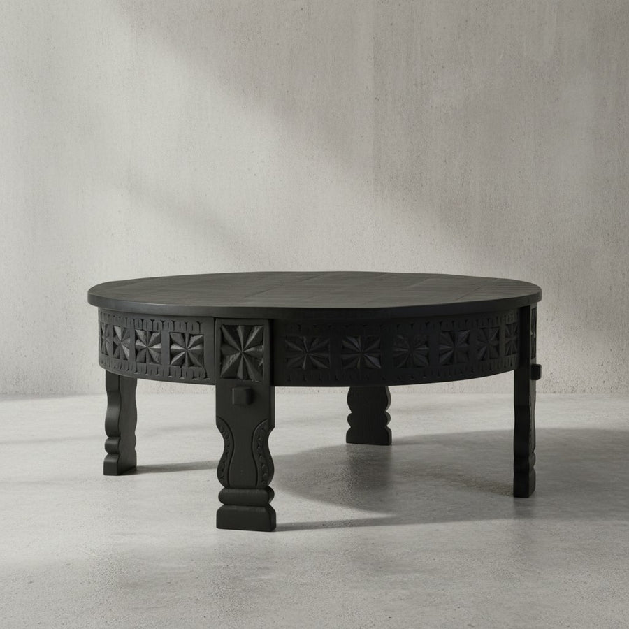 Massivholz Couchtisch_ Orientalisches Design_ Schwarz Lack_ Handgefertigt - KADIMA DESIGN_Größe_ 80x80x36 cm_